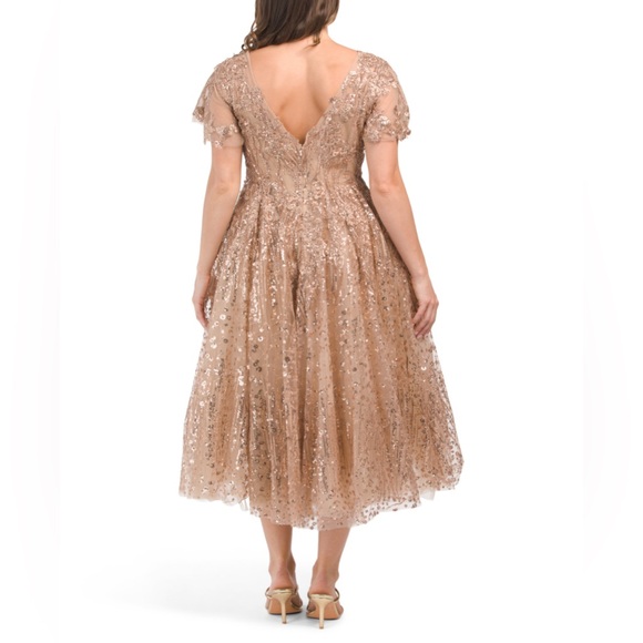 MAC DUGGAL V NECK SEQUIN EMBROIDERED FIT AND FLARE TAUPE MIDI DRESS - Picture 5 of 5